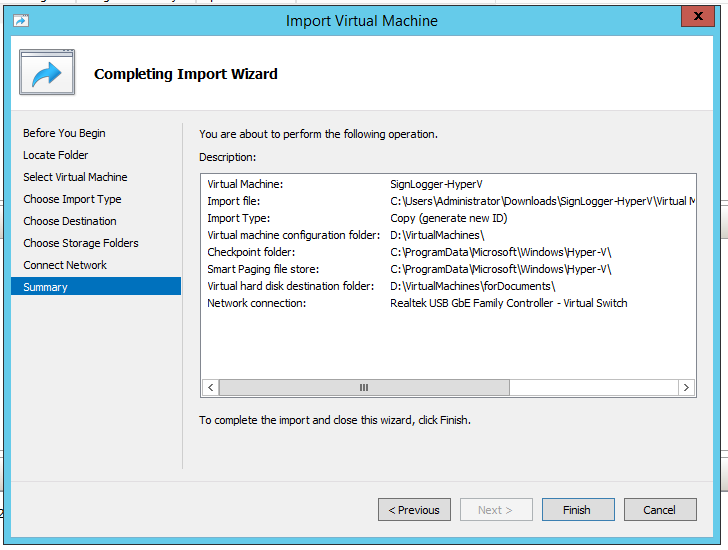 Selecting the virtual switch (network) for SignLogger