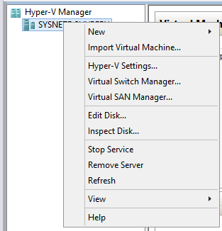 Hyper-V Manager — right-click menu on the server