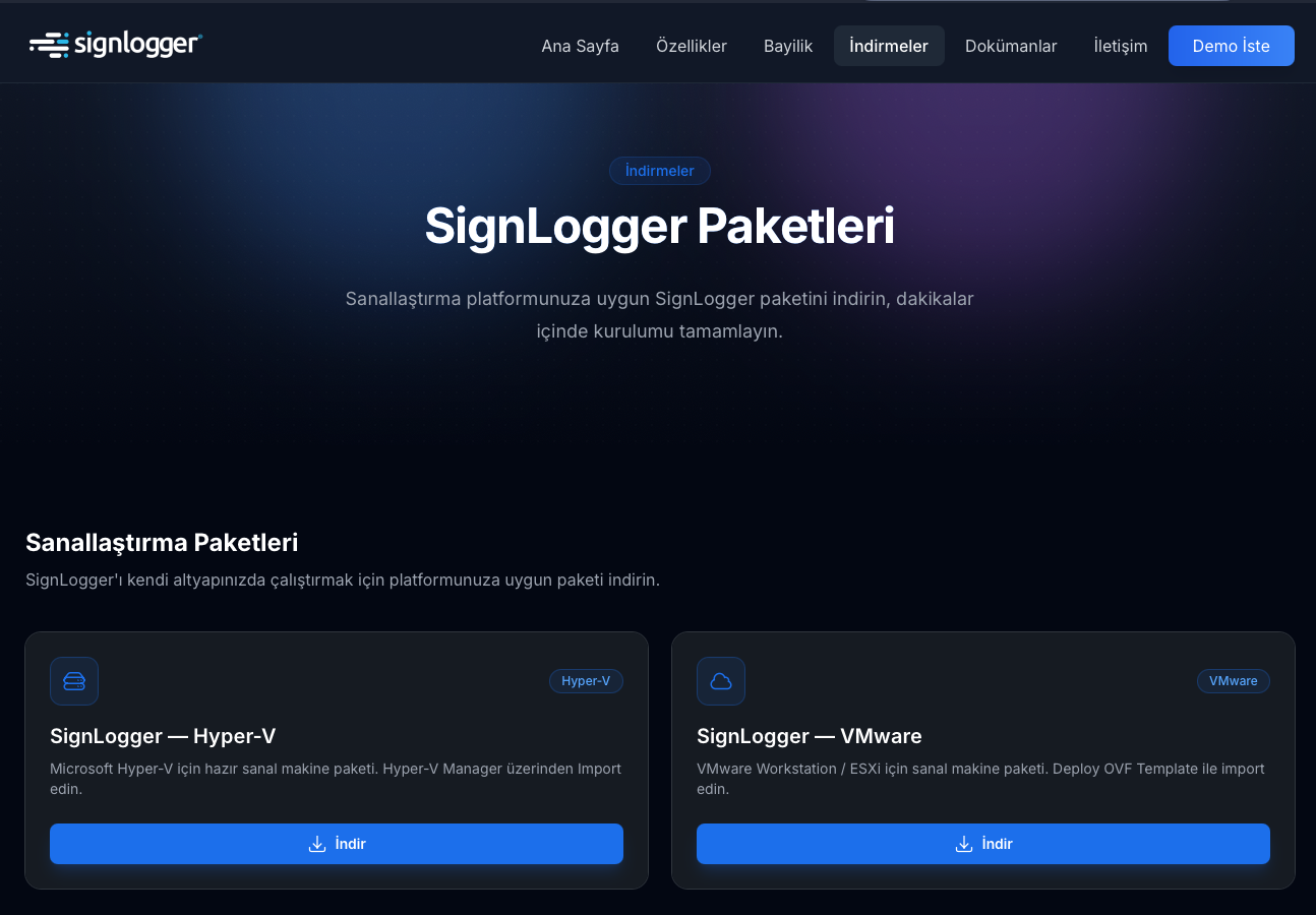 SignLogger Downloads page — Hyper-V package