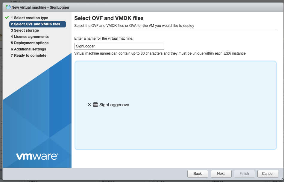 Naming the VM and selecting the OVA file