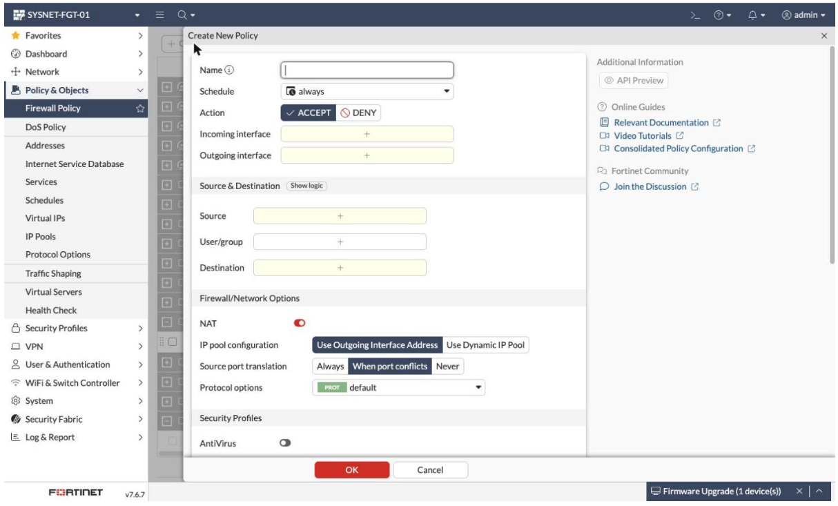 FortiGate firewall policy creation screen with the User/group field