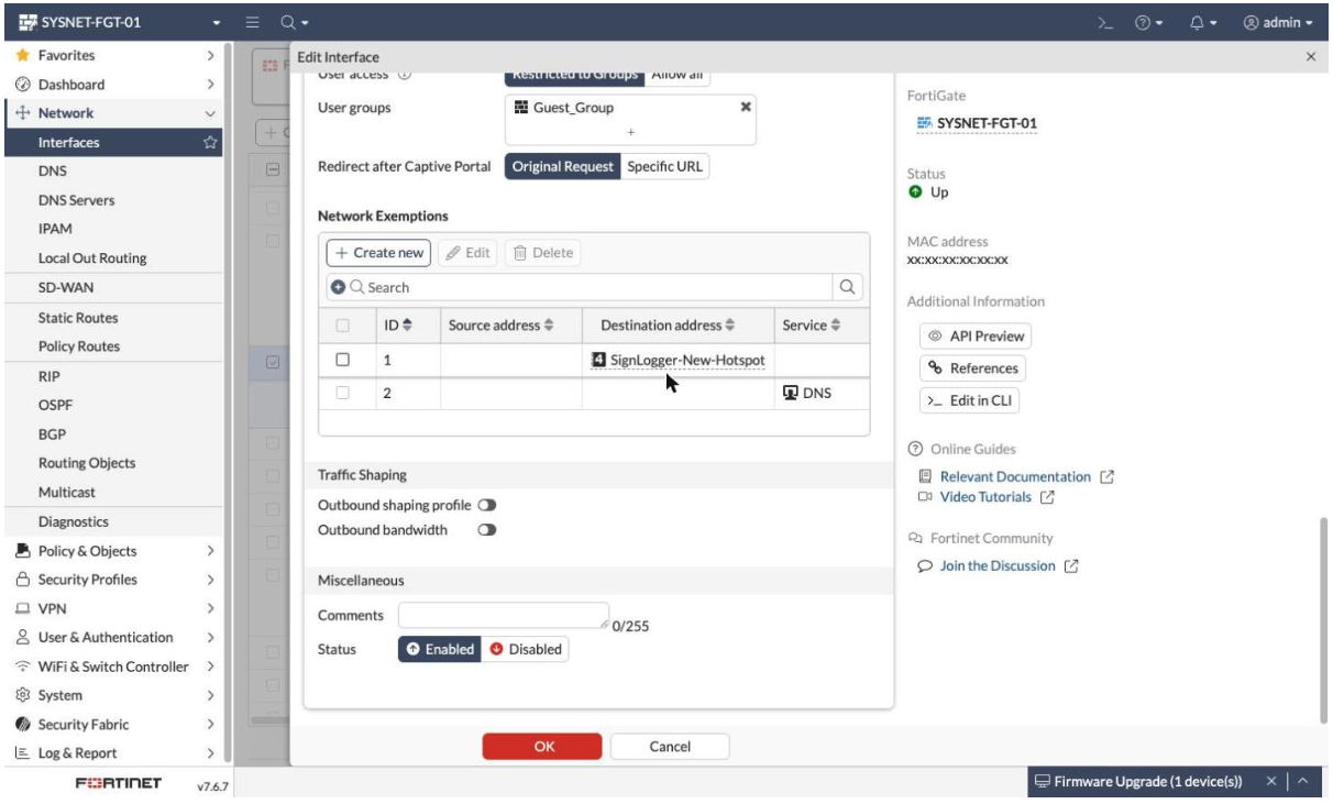 Network exemptions and the authentication group: Guest_Group, SignLogger portal and DNS