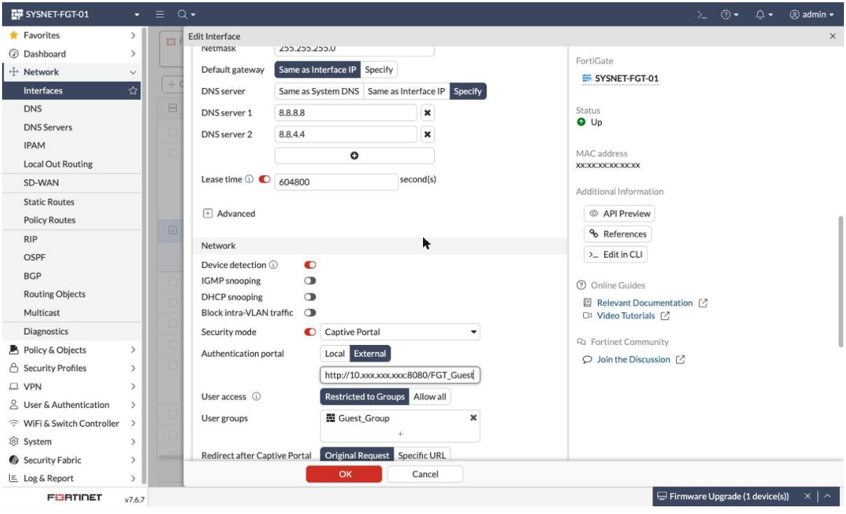 Captive portal settings on the guest interface: security mode, authentication portal and user groups