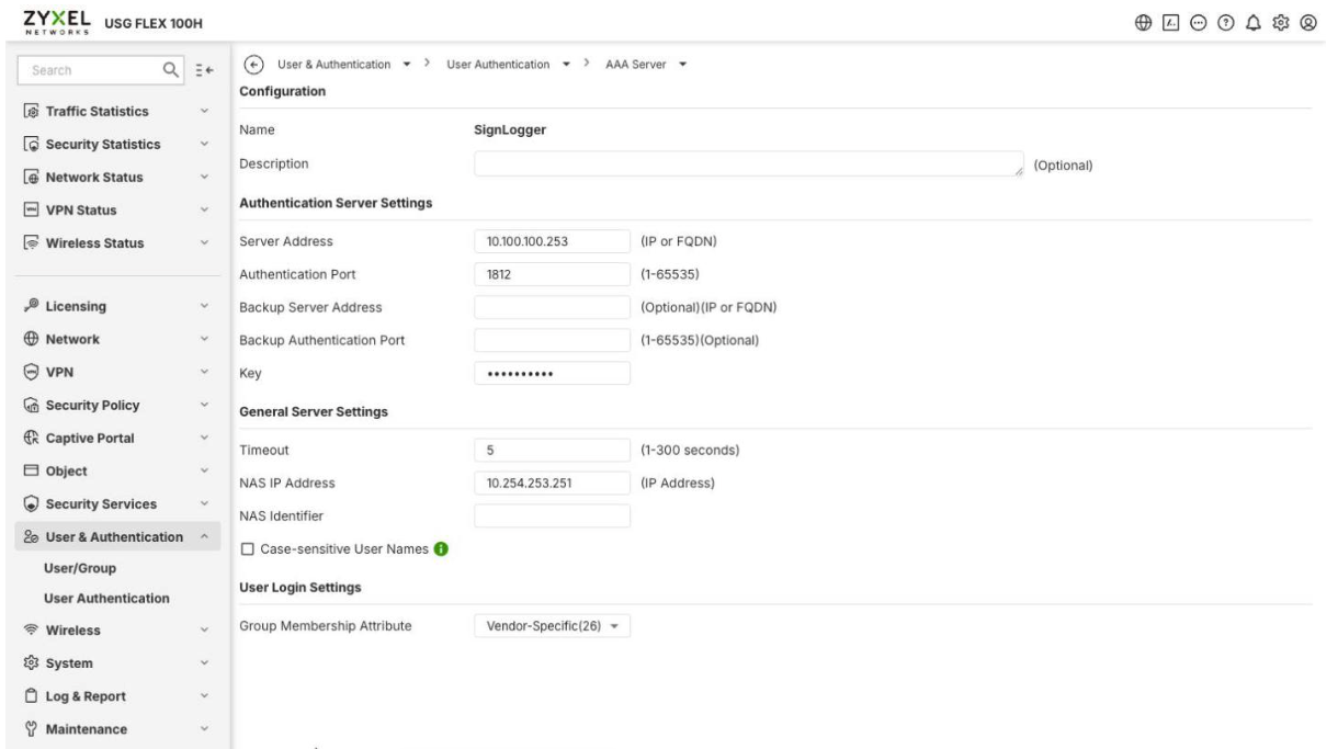 Zyxel AAA Server page — RADIUS Server (SignLogger) configuration