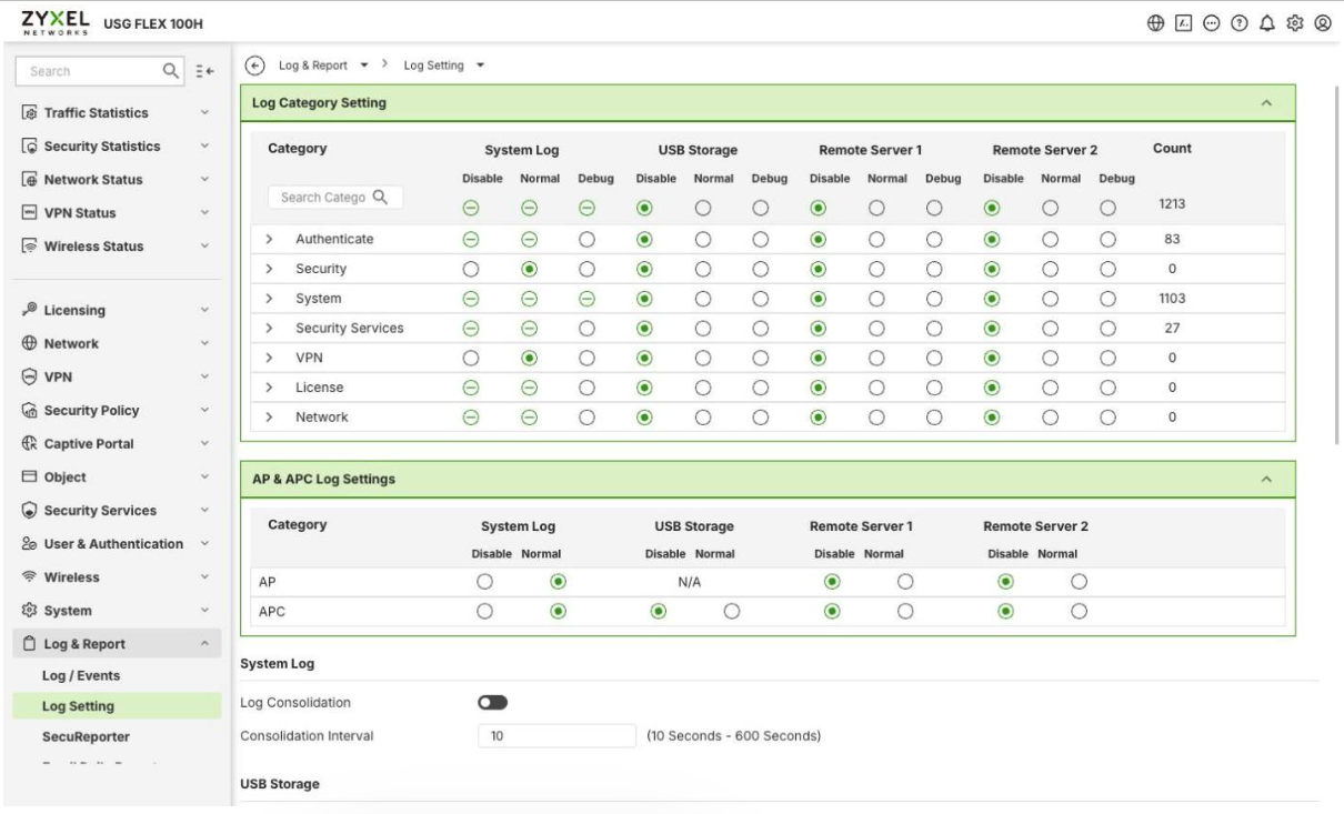 Zyxel Log Setting page — log category table