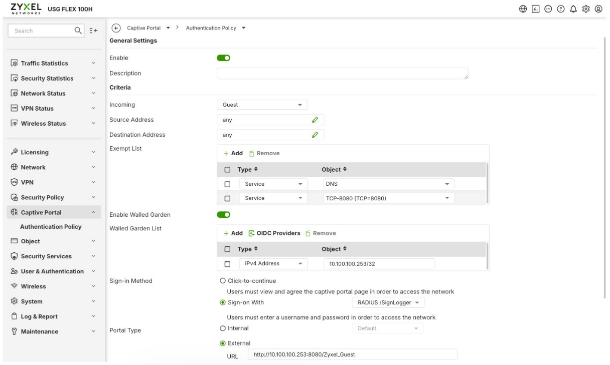 Guest policy criteria, walled garden and sign-in method settings