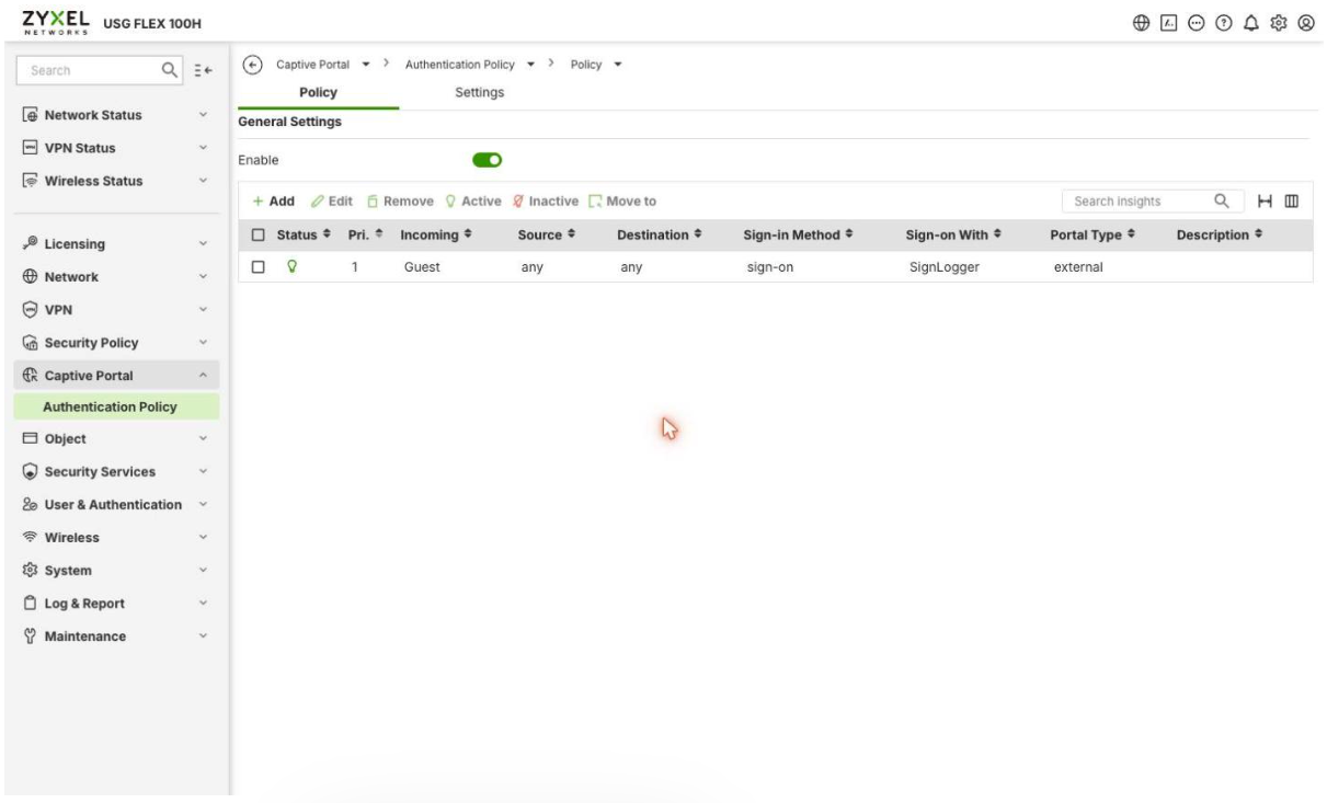 Zyxel authentication policy — Guest rule with SignLogger sign-on