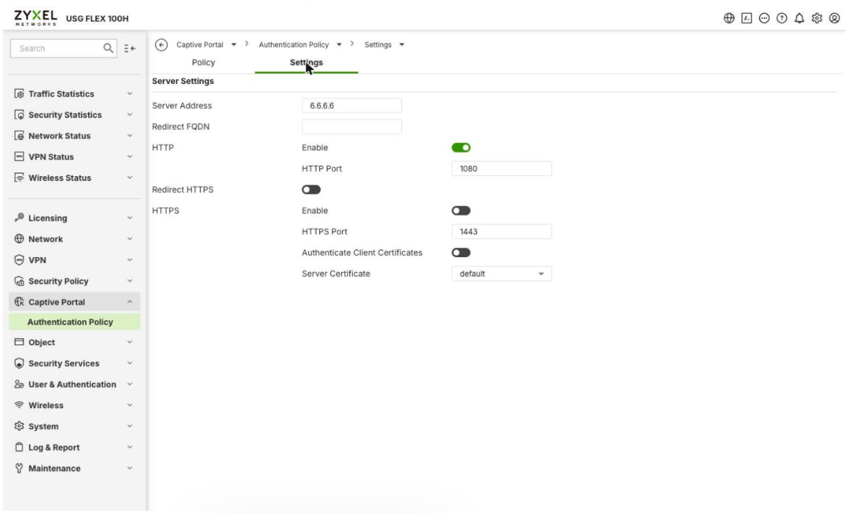Captive portal settings — server address 6.6.6.6