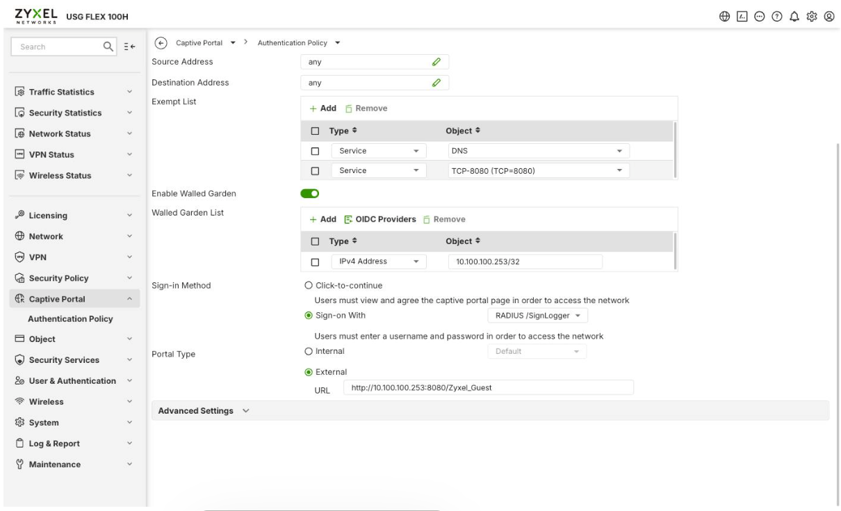 Sign-in method, external portal URL and advanced settings