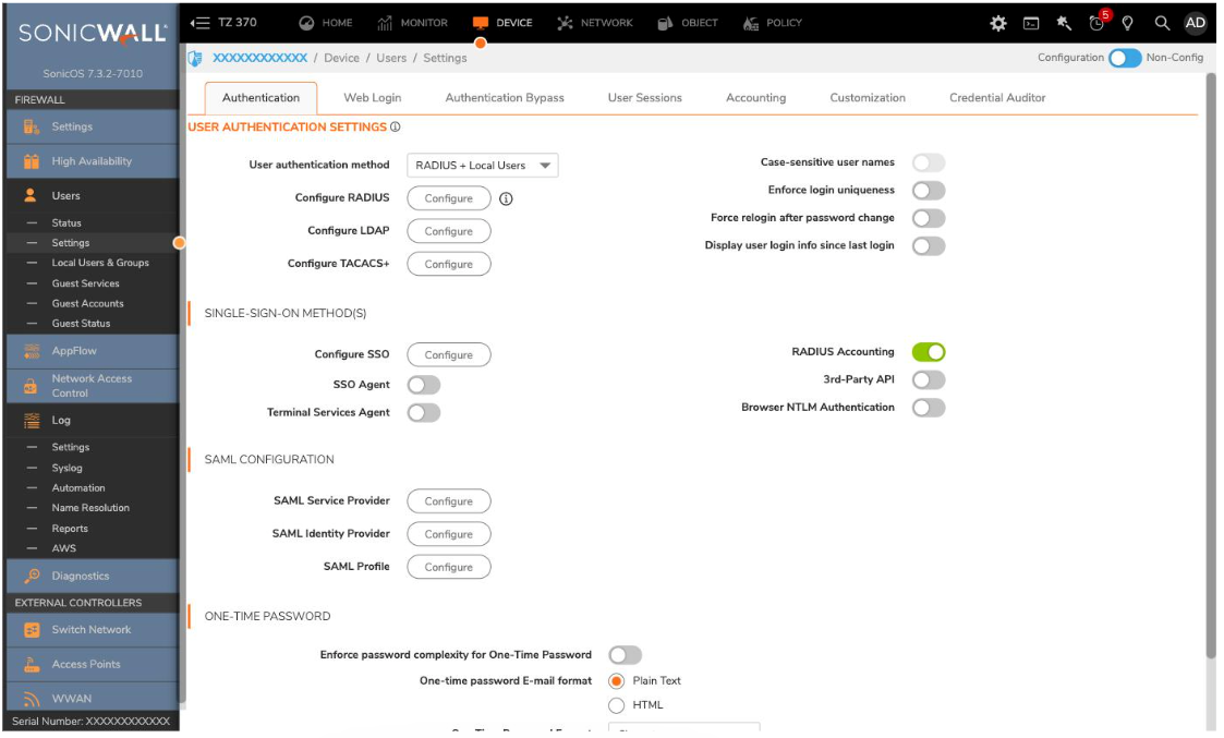 SonicWall user authentication settings — RADIUS + Local Users with accounting