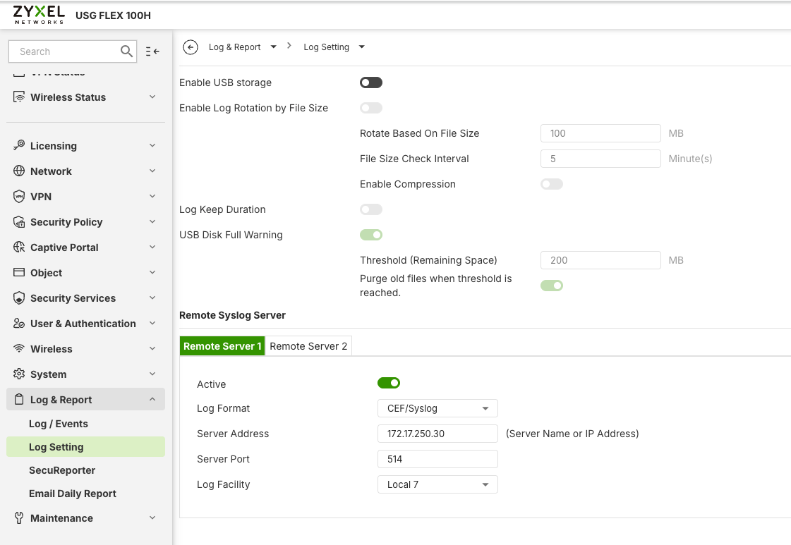 Zyxel Remote Syslog Server (Remote Server 1) configuration