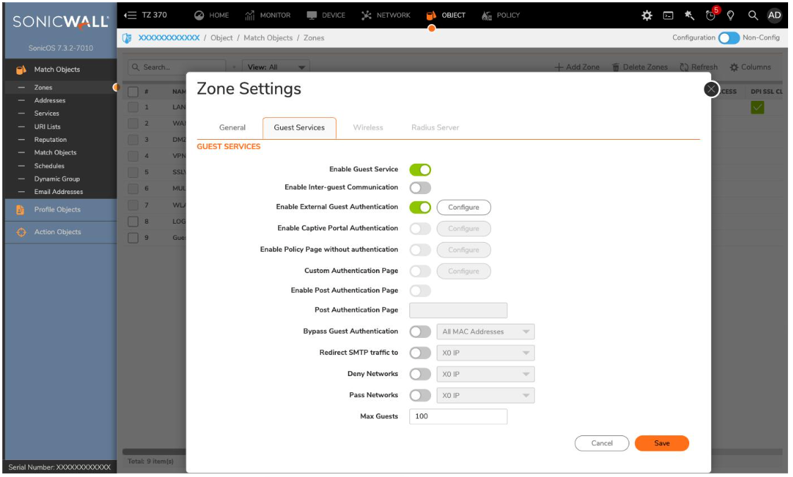 Guest zone Guest Services settings