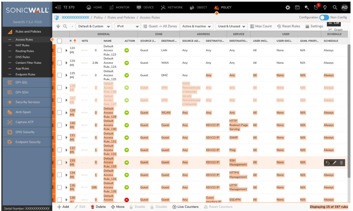 SonicWall access rules for the guest zone
