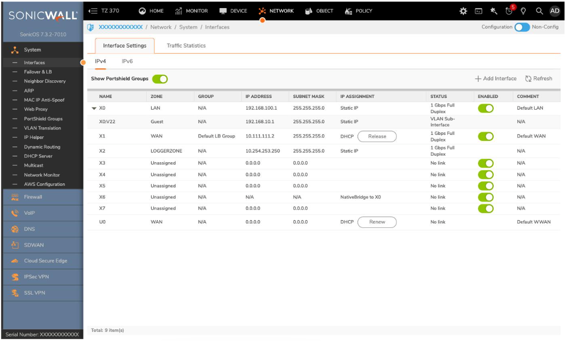 SonicWall interfaces list