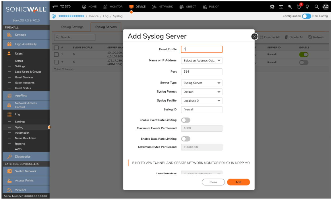 SonicWall Add Syslog Server settings