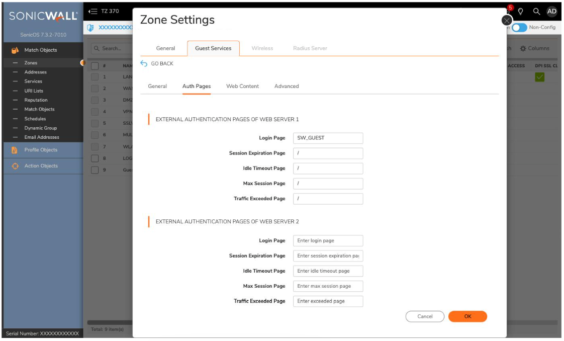 Guest Services Configure window — Auth Pages