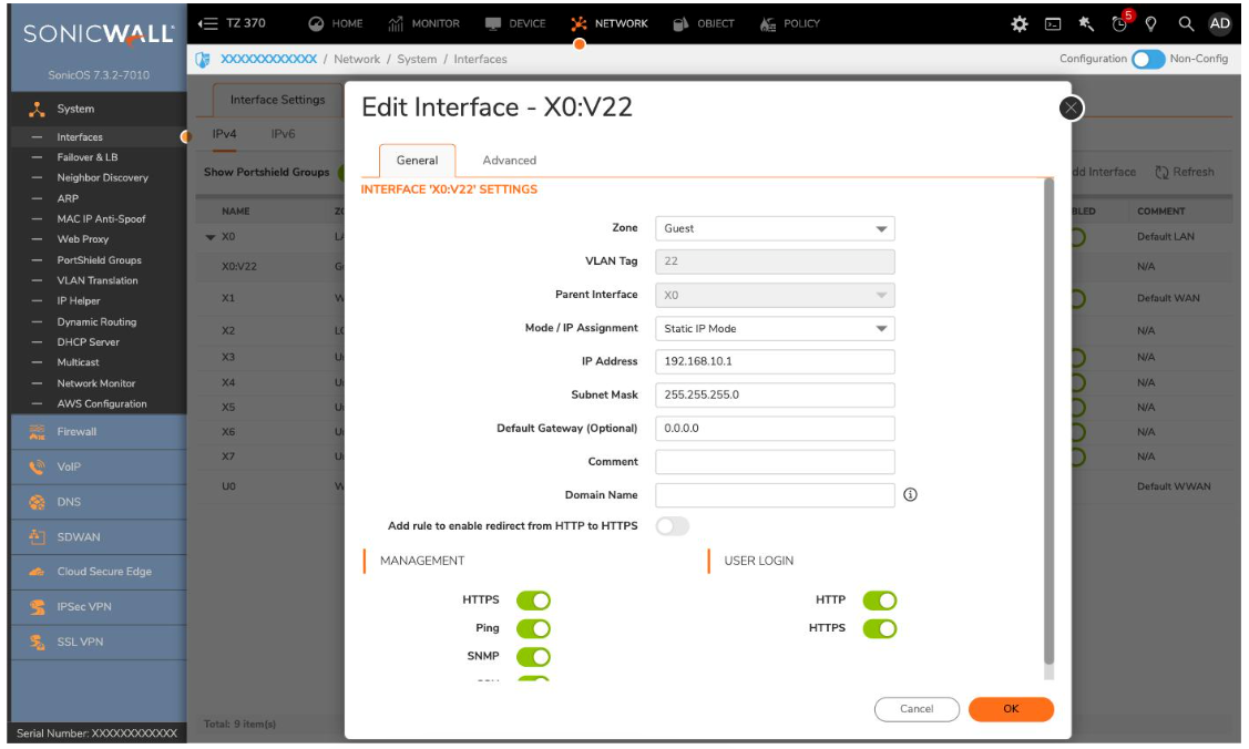 Edit Interface X0:V22 settings