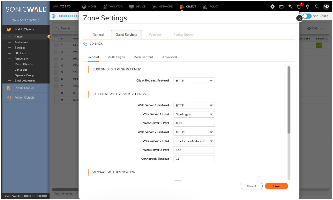 Guest Services Configure window — Web Server 1 (SignLogger)