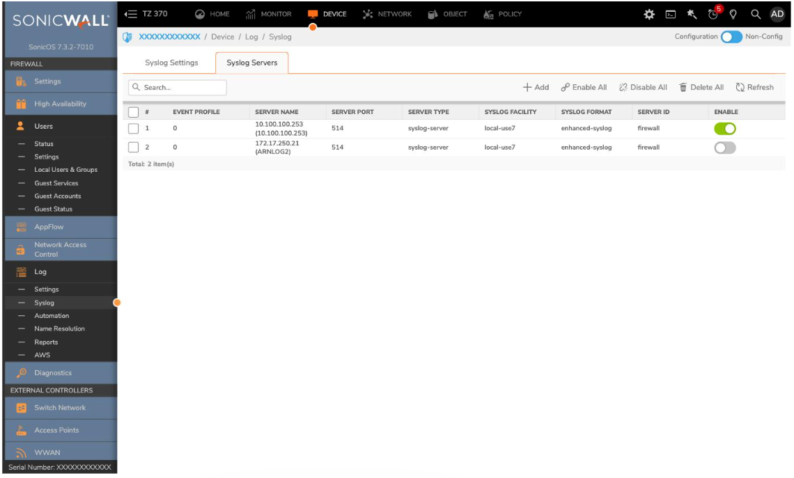 SonicWall syslog servers list