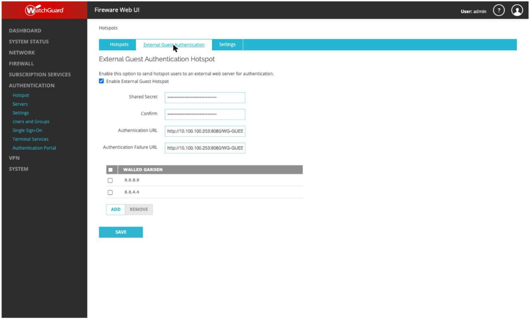 External guest authentication — shared secret and authentication URL