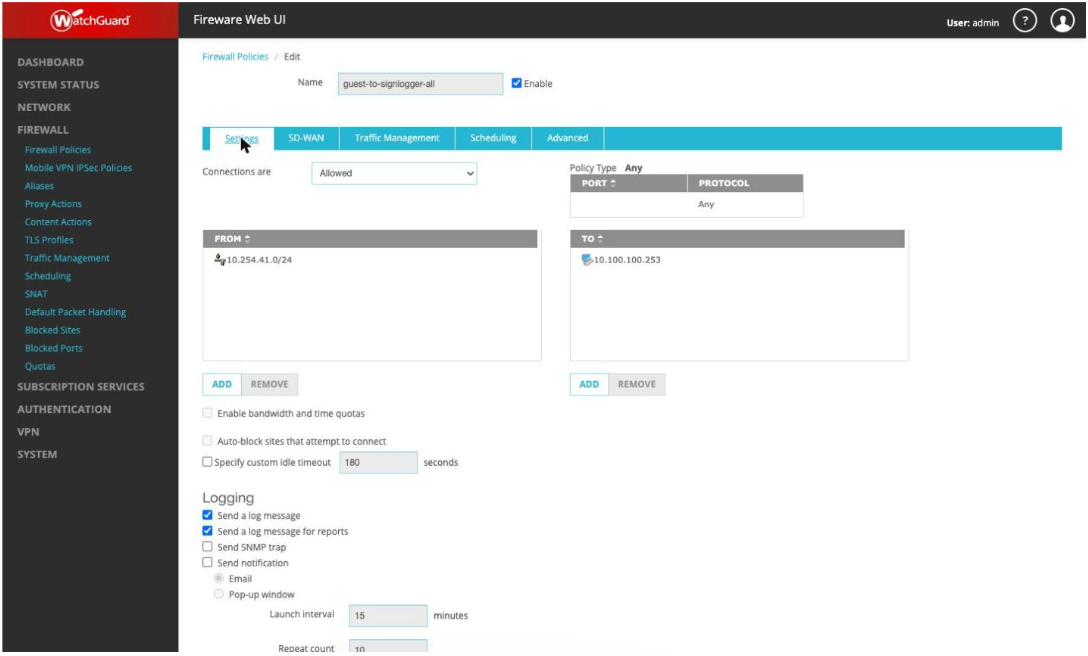 guest-to-signlogger-all policy detail with From/To and logging settings