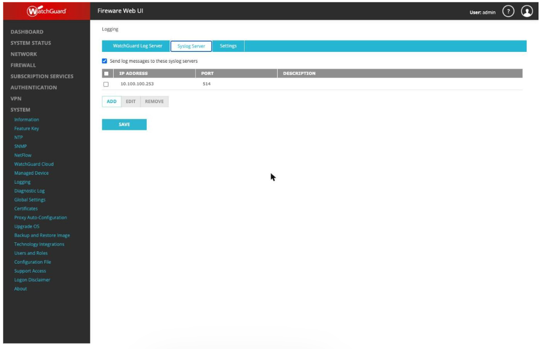 WatchGuard syslog server settings for SignLogger