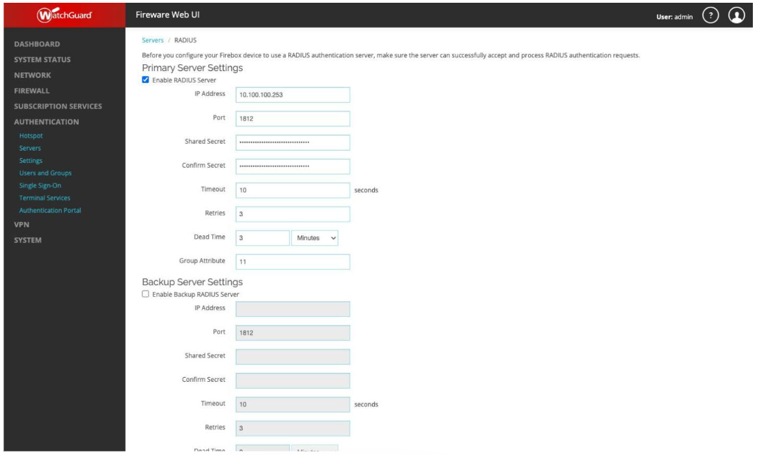 WatchGuard RADIUS server settings for SignLogger