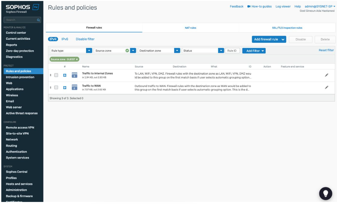 Firewall rules filtered by the GUEST source zone
