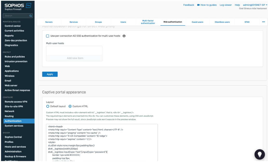 Sophos web authentication — custom HTML with SignLogger code