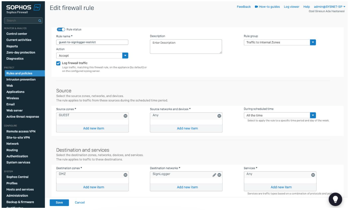 guest-to-signlogger-restrict rule with Create linked NAT rule