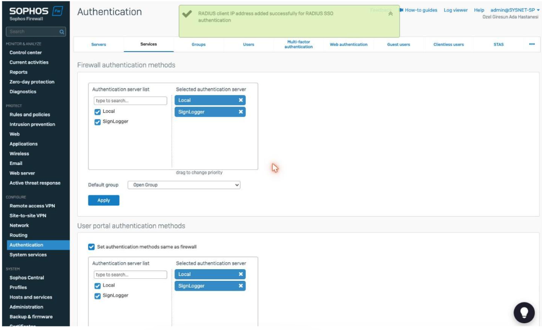 Selecting SignLogger in the firewall authentication methods