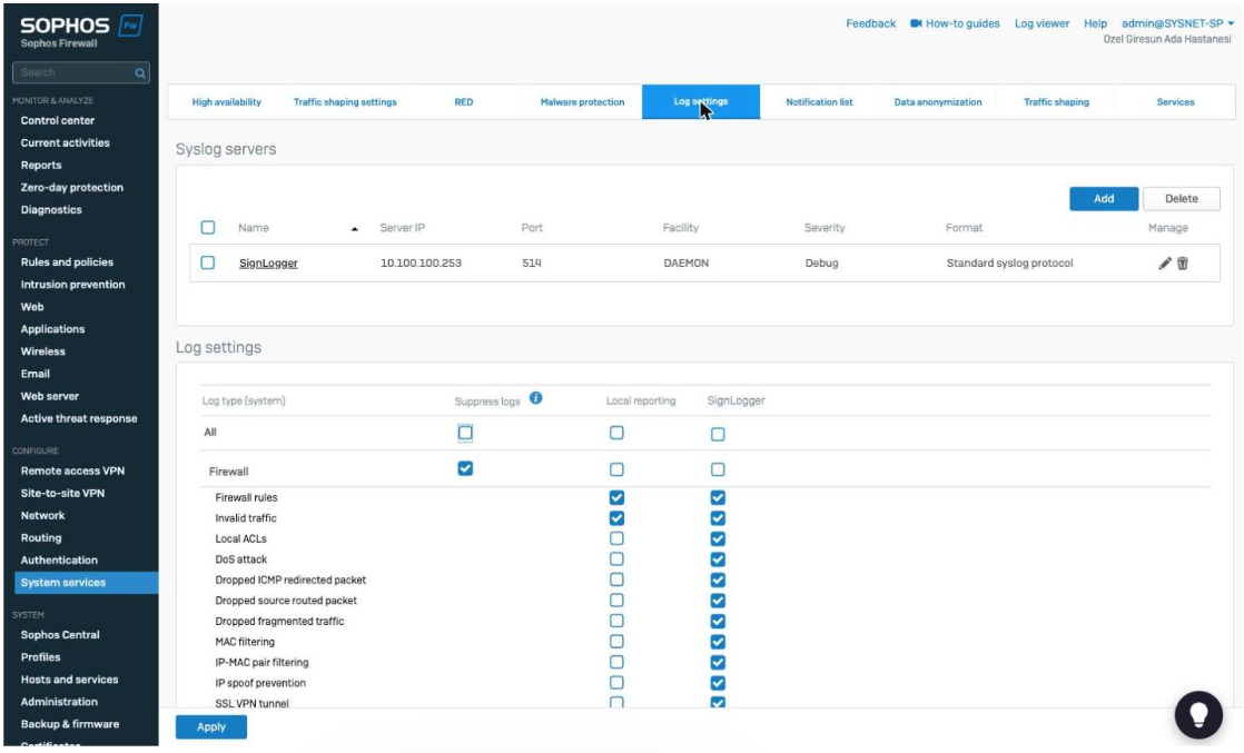 Sophos log settings — SignLogger syslog server IP and port