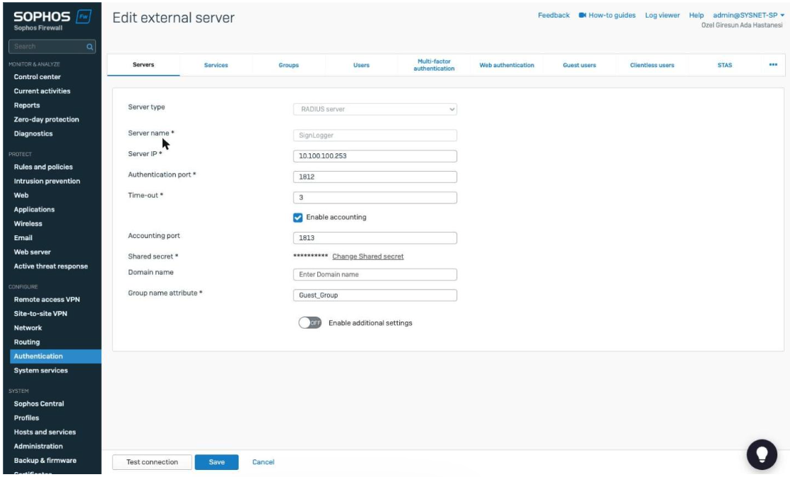 Sophos RADIUS server with accounting settings