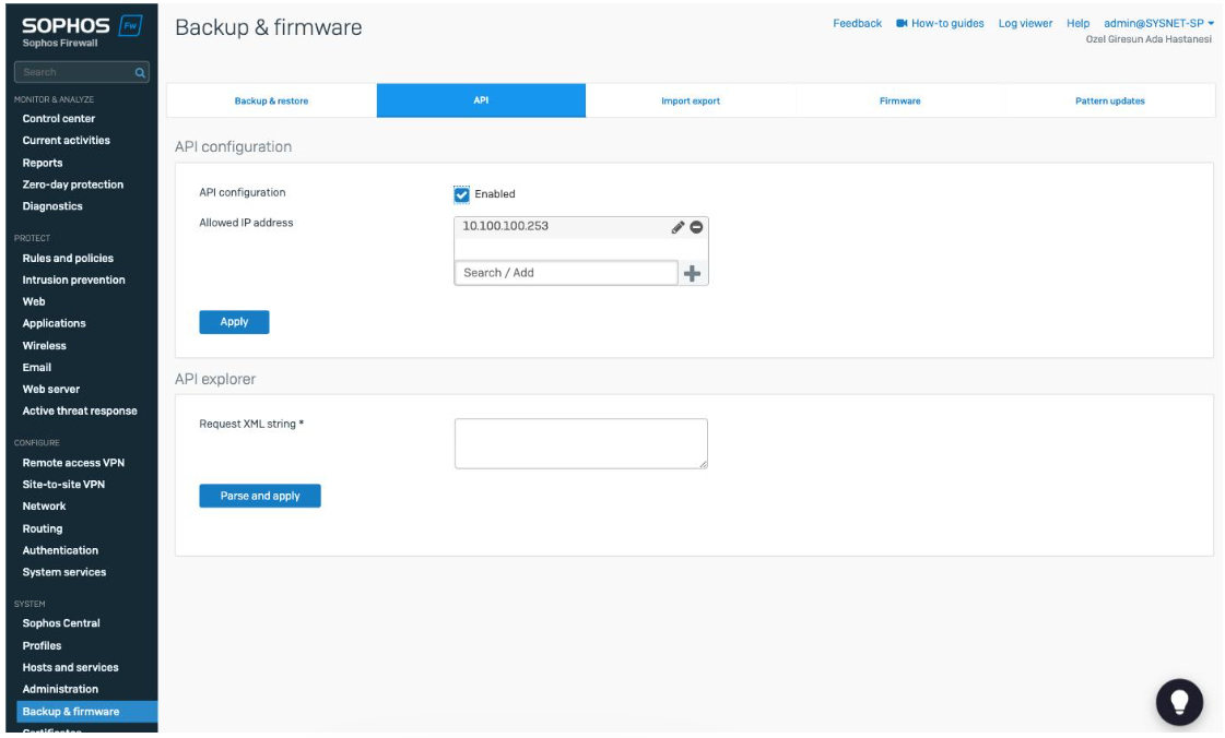 Sophos API configuration and allowed IP address