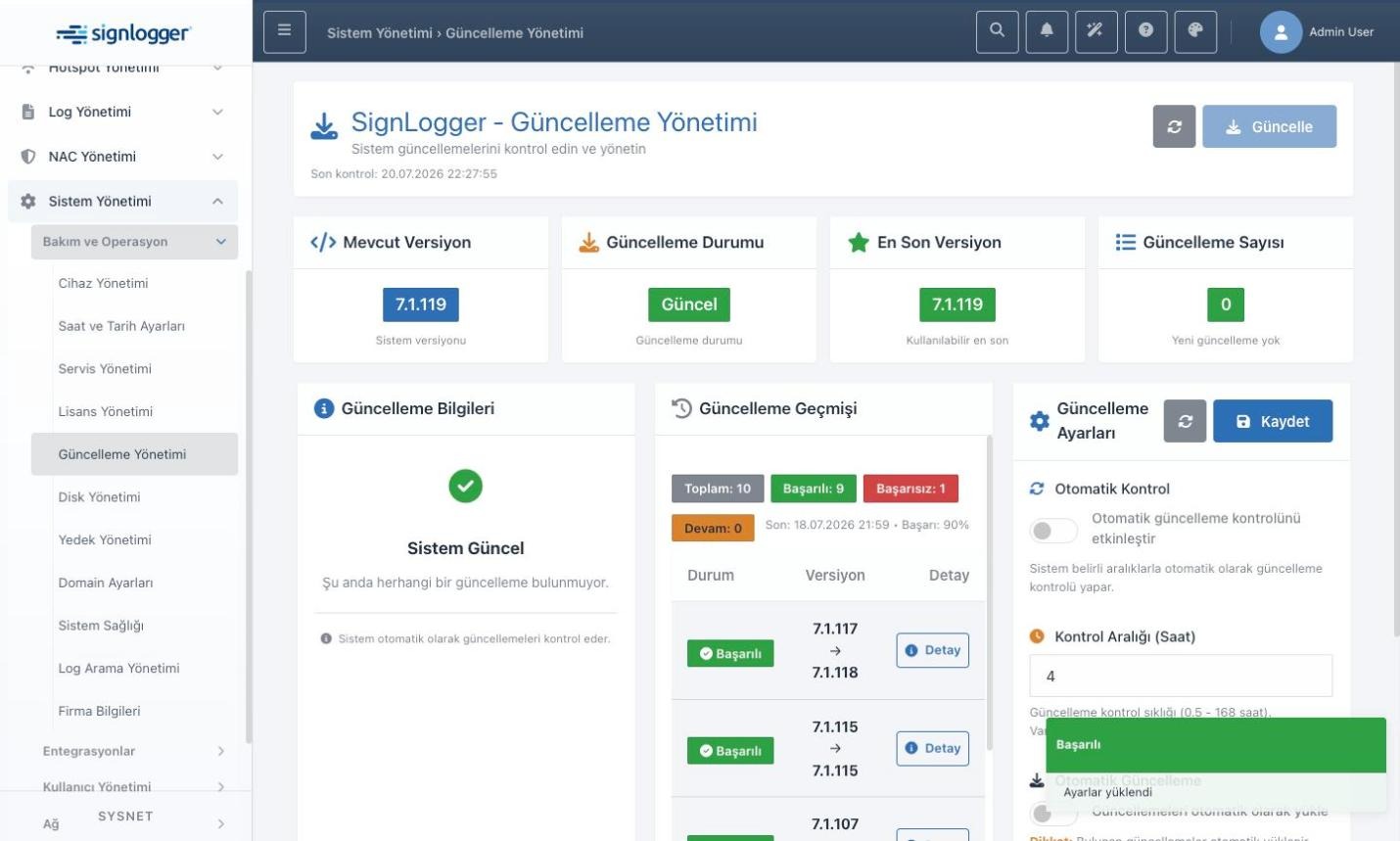 Update Management page with version cards and history