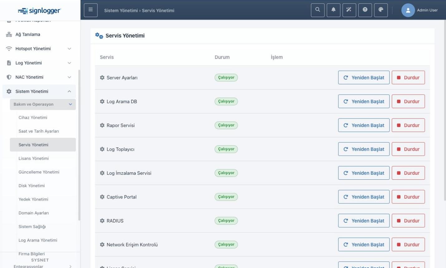 Service Management page with per-service status and restart buttons