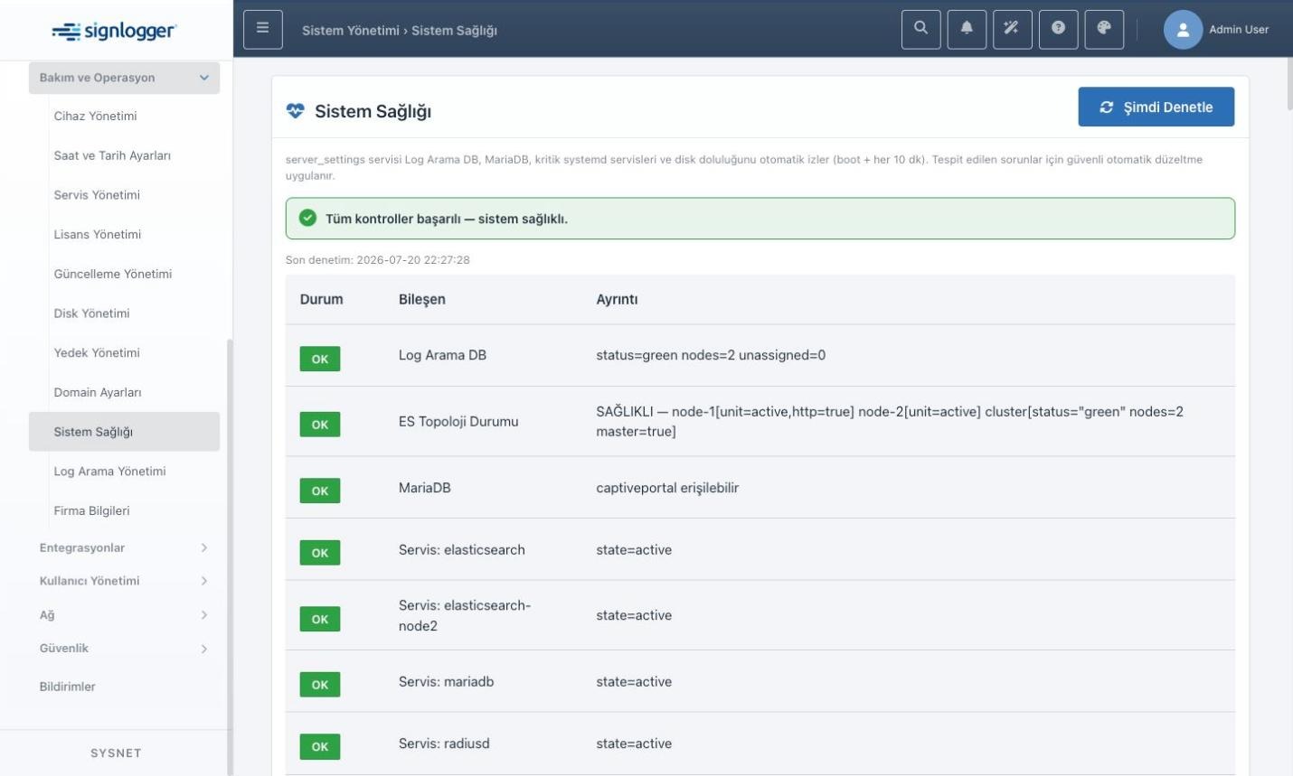 System Health page with the check table