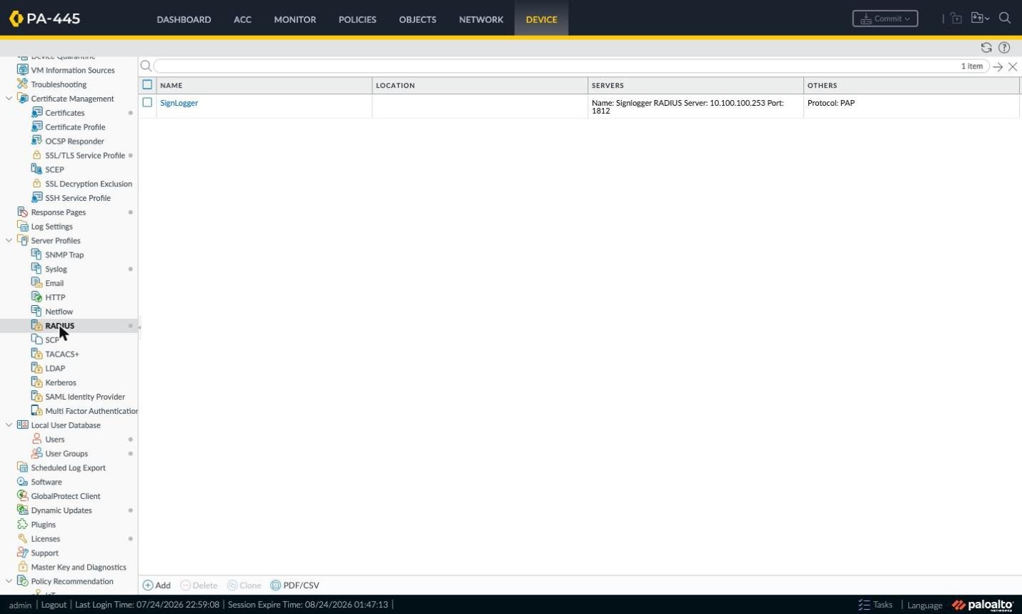 Device > Server Profiles > RADIUS list