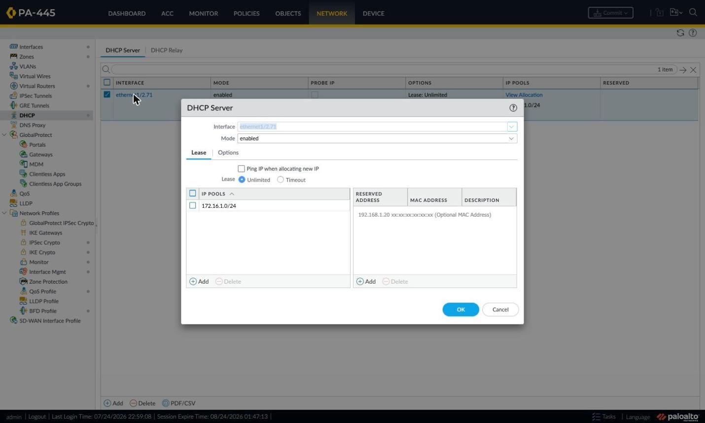 DHCP Server — Lease tab