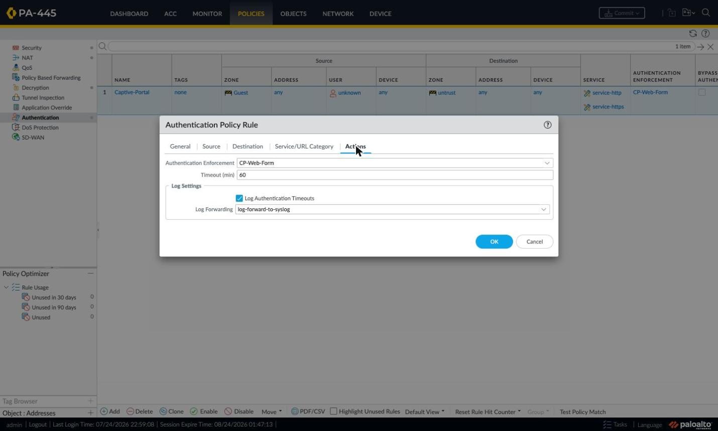 Authentication rule — Actions tab