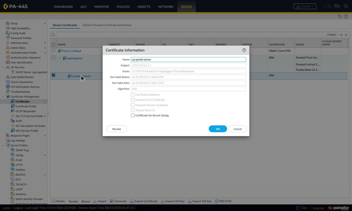 Portal server certificate information