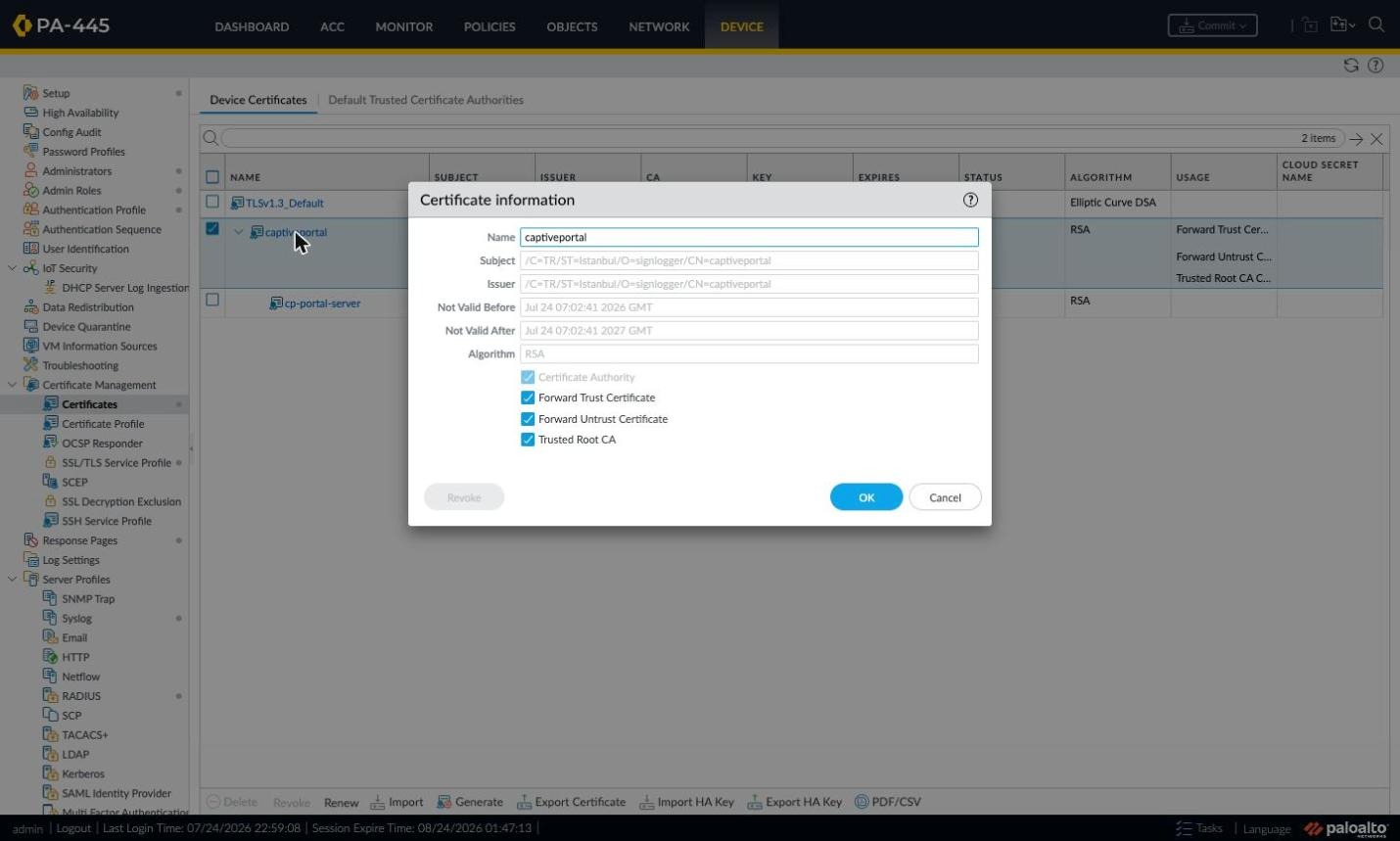Root CA certificate information