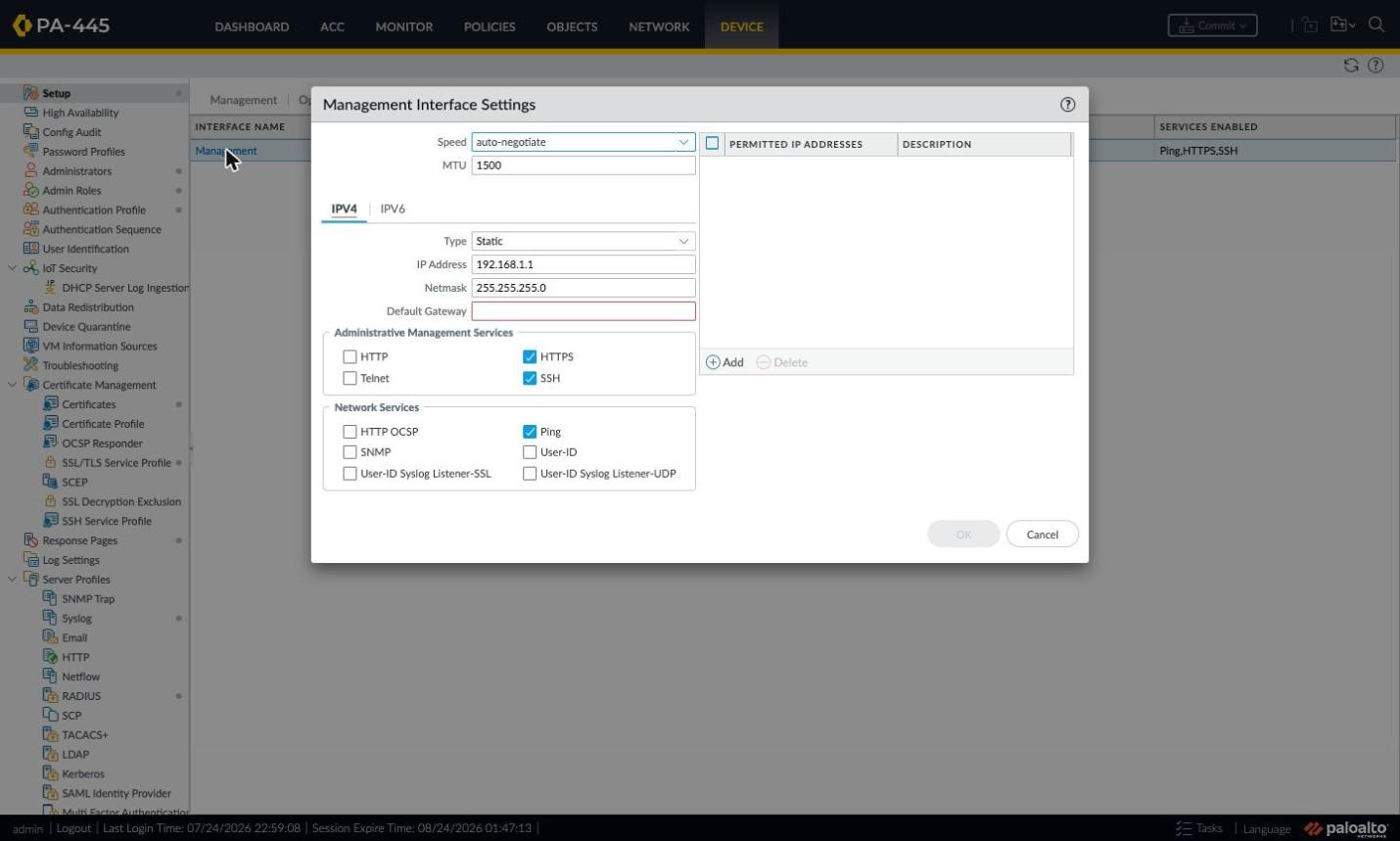 Management Interface Settings with HTTPS enabled and empty permitted IP list