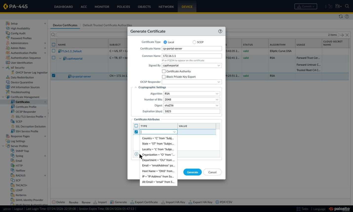 Certificate attribute type options