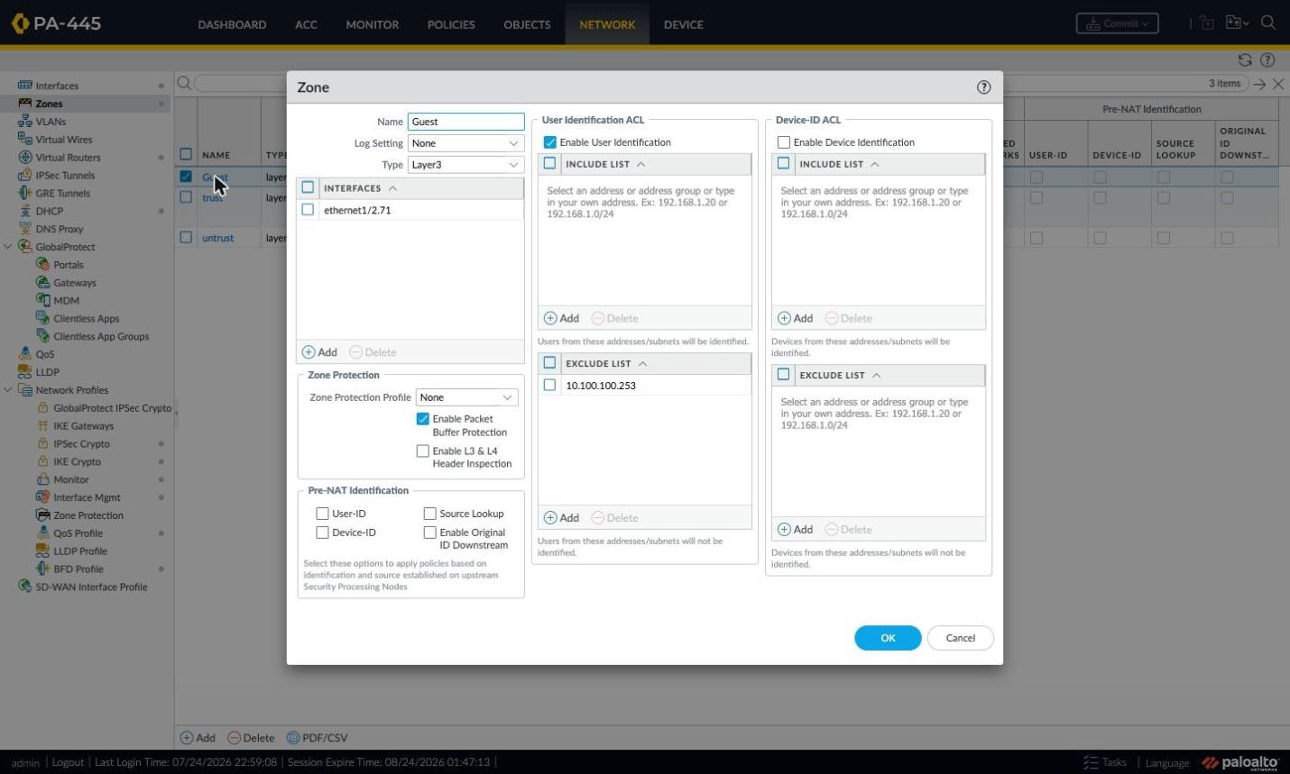 Zone window with User Identification ACL