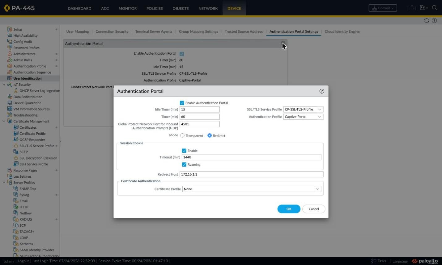 Authentication Portal edit window