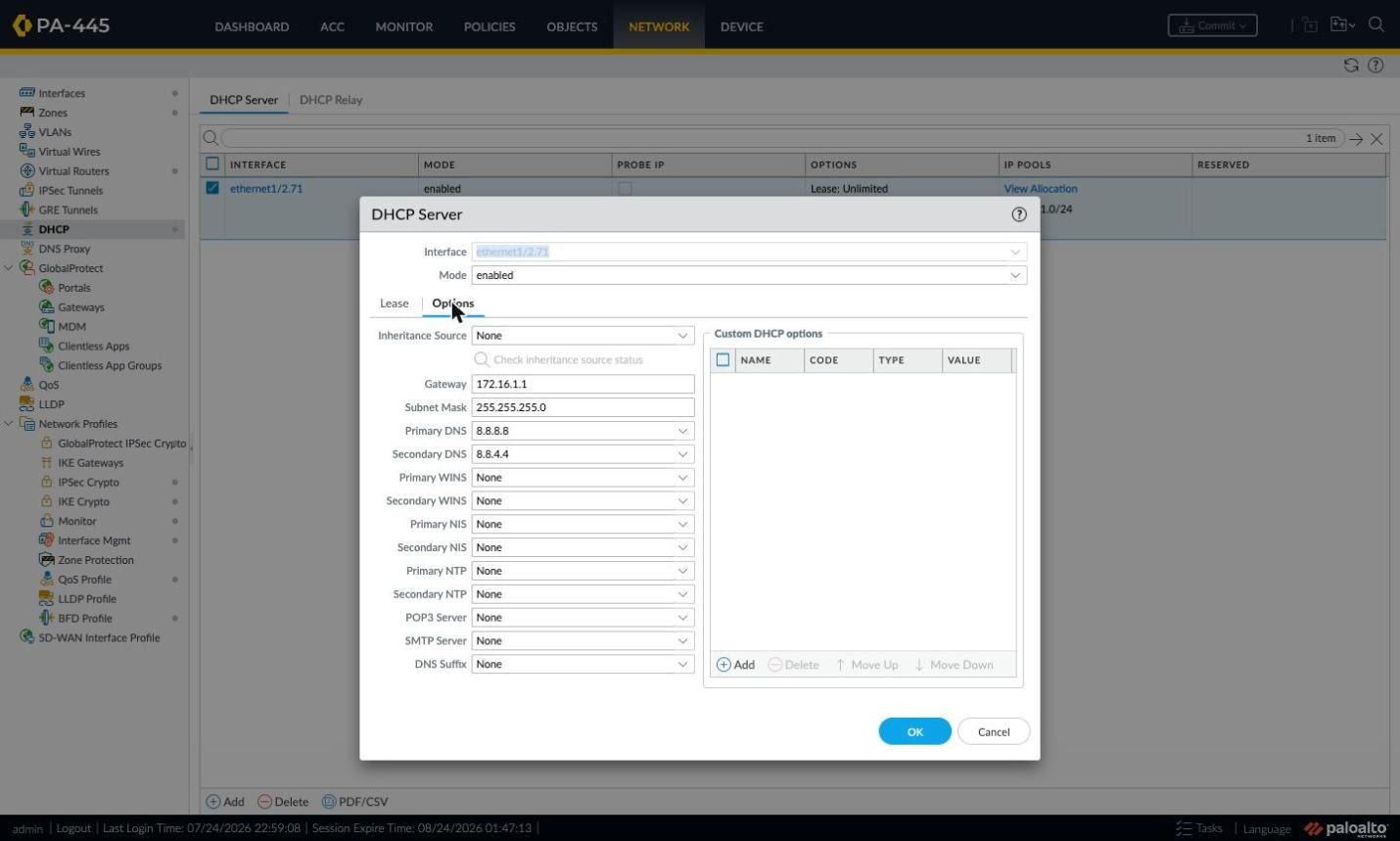 DHCP Server — Options tab