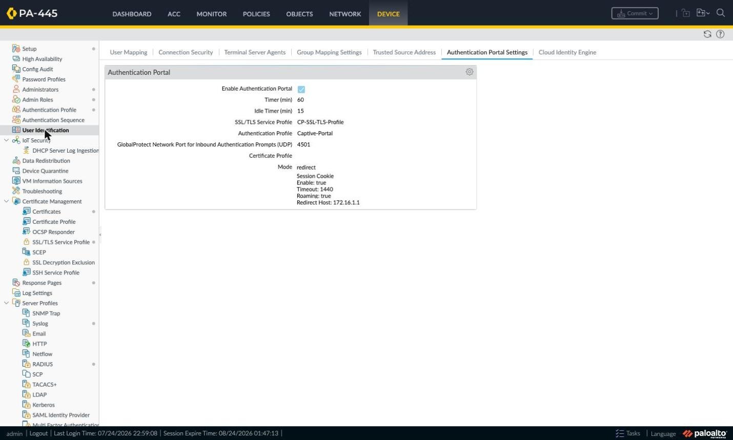 Authentication Portal Settings summary