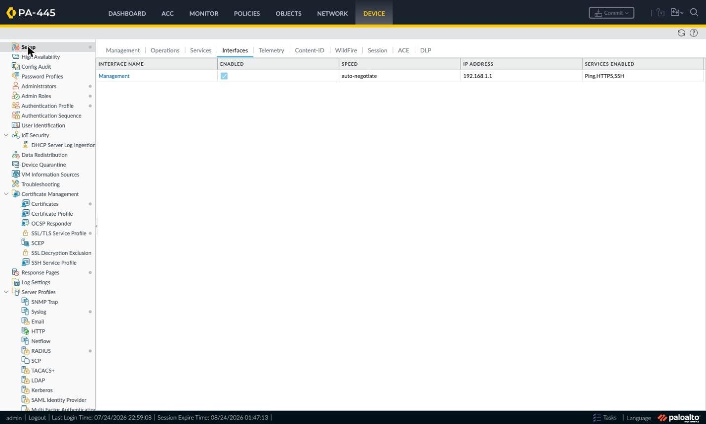 Device > Setup > Interfaces page with the Management row