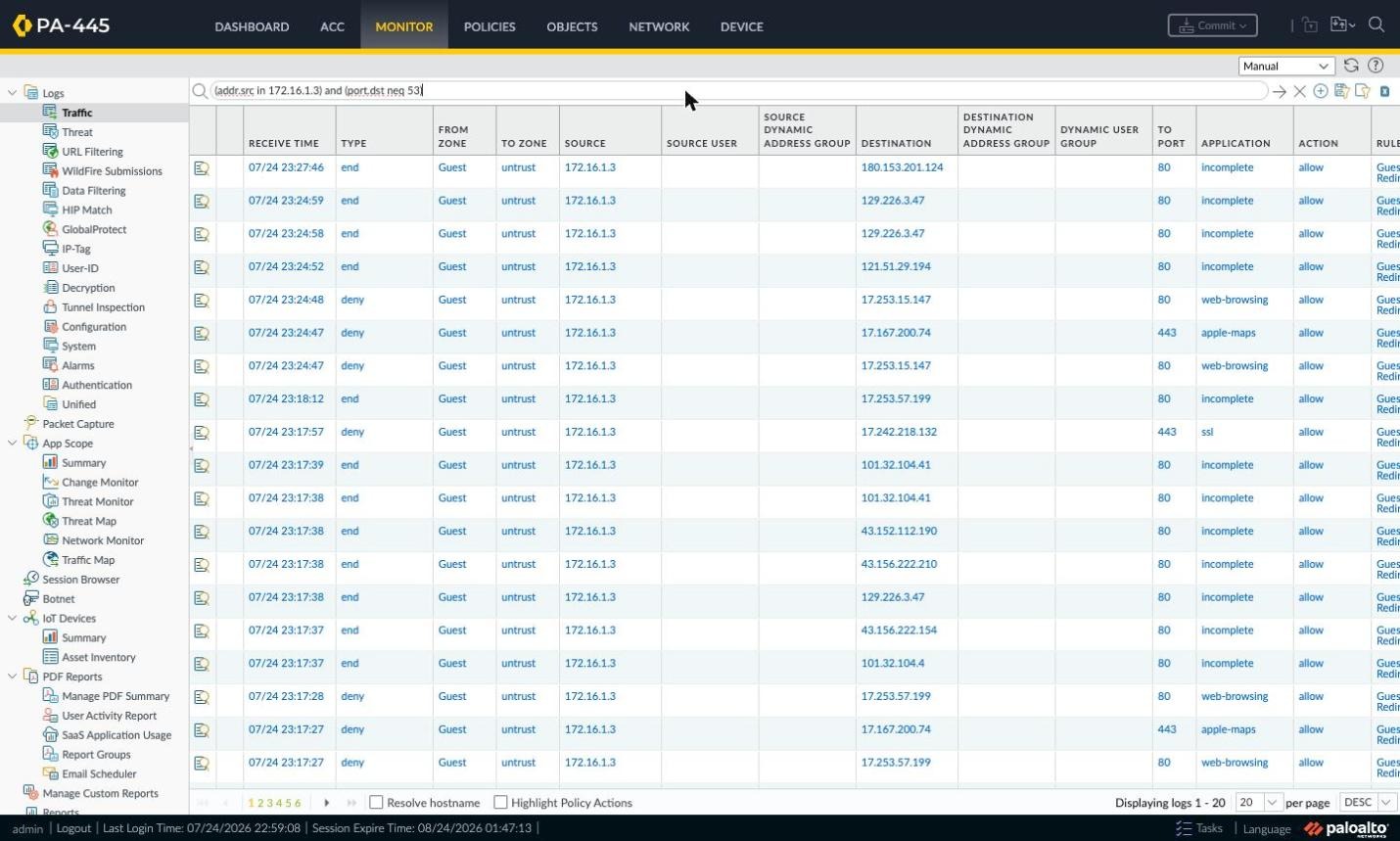 Traffic log showing auth-policy-redirect